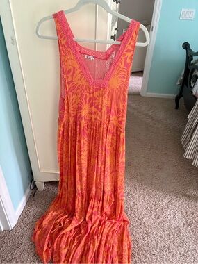 Free People Floral Scoop-Neck Maxi Sleep Dress in Coral Pink with sheer back